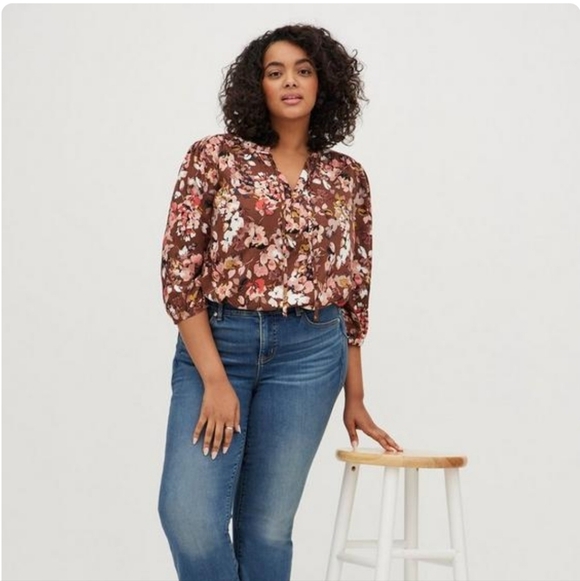 Torrid Rayon Twill Peasant Blouse Brown/Floral  Size 3X - Picture 2 of 9